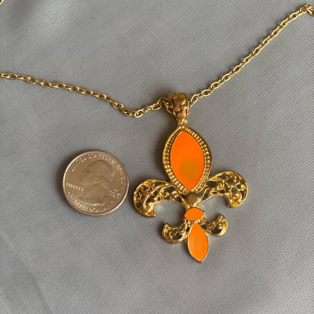 Gold & Orange Fleur-de-lis Pendant Necklace